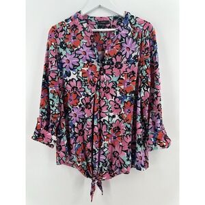 Cocomo Blouse Woman Sz L Pink Floral Stretch Tunic Top Roll Tab Sleeve AA01
